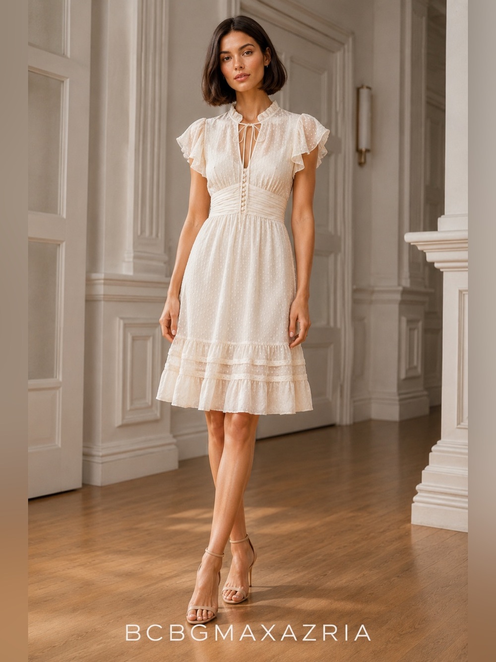BCBGMaxAzria Ivory Swiss Dot Ruffle Midi Dress